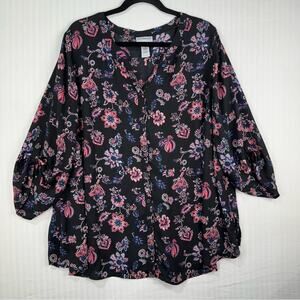 Catherine’s Black Peasant Blouse Women 2X Sheer Button Up Boho Chic Pink Floral